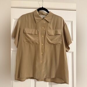 Vtg Oscar de la Renta Expressions Blouse 100% Silk Tan Camel Collared Shirt S 14